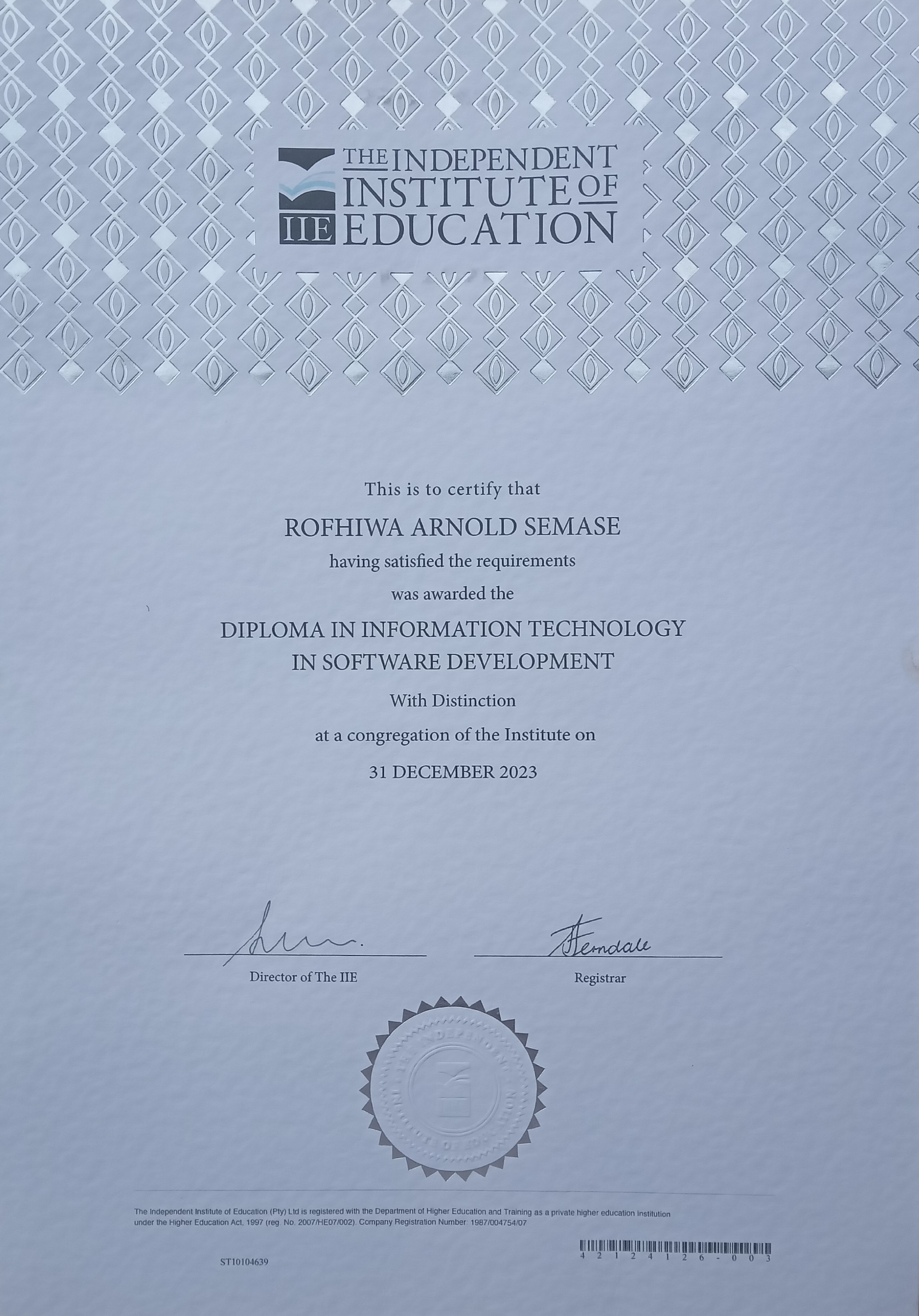 Arnold Semase certificate